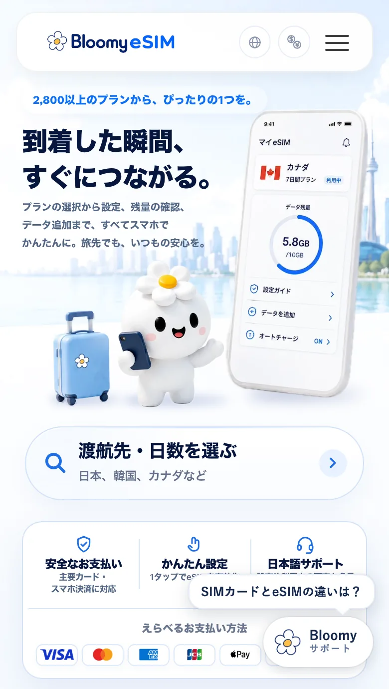 Bloomy eSIM の同じサイトのスマートフォン表示