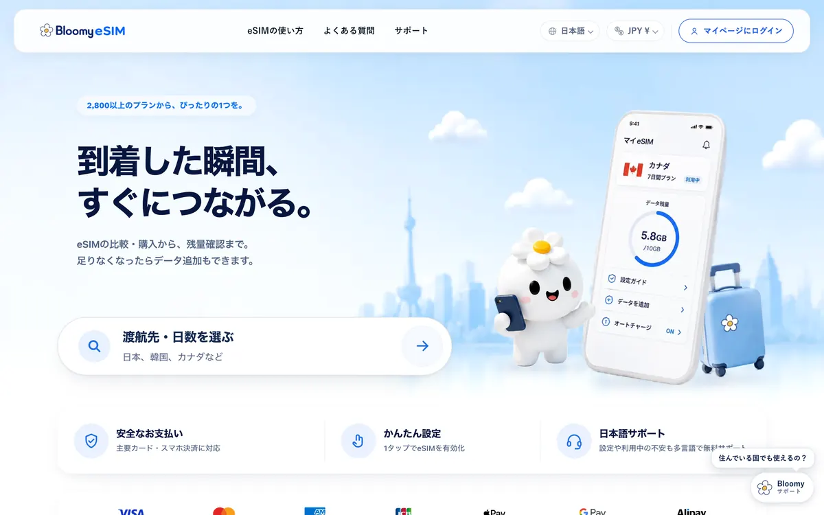 Bloomy eSIM のサイト画面（パソコン）